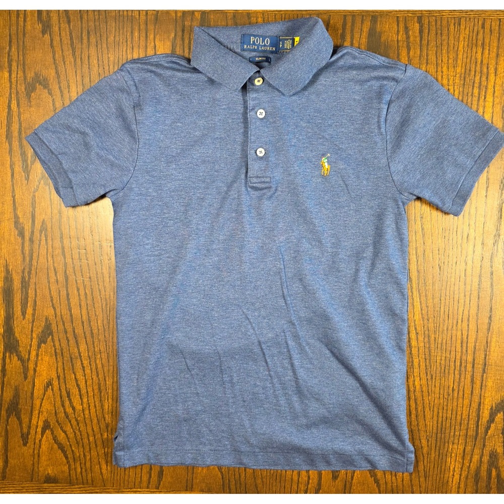 Polo Ralph Lauren Mens Slim Fit Polo Shirt Blue Heather Short Sleeve Small